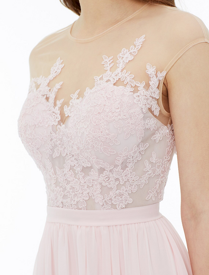 A-Line Bridesmaid Dress Illusion Neck Sleeveless Illusion Detail Floor Length Chiffon / Floral Lace with Sash / Ribbon / Appliques
