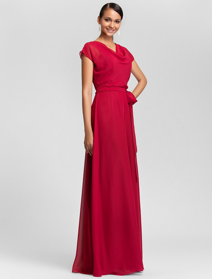 Sheath / Column Bridesmaid Dress Cowl Neck Short Sleeve Elegant Floor Length Chiffon with Sash / Ribbon / Draping