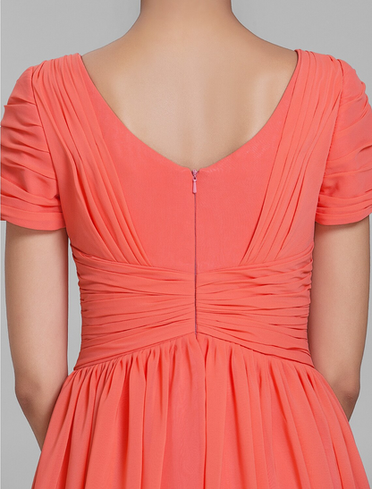 Sheath / Column Bridesmaid Dress V Neck Short Sleeve Vintage Inspired Knee Length Chiffon with Ruched / Draping