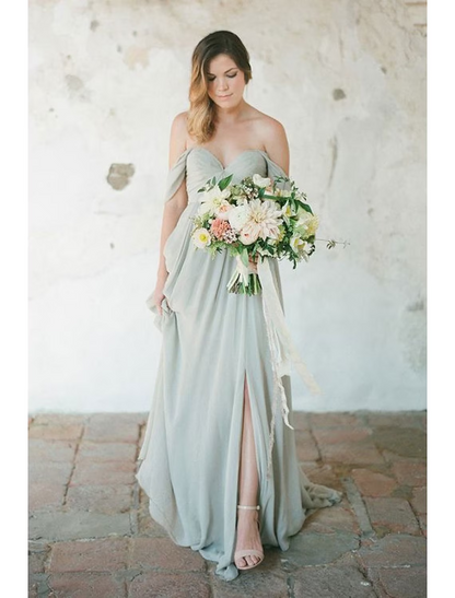 A-Line Bridesmaid Dress Sweetheart Neckline Short Sleeve Furcal Floor Length Chiffon with Pleats / Split Front