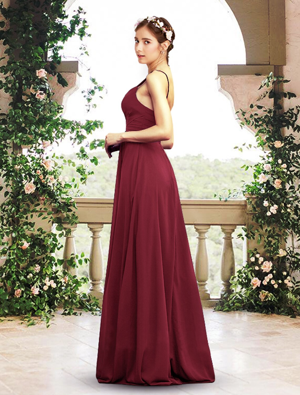 A-Line Bridesmaid Dress V Neck / Spaghetti Strap Sleeveless Elegant Floor Length Chiffon with Pleats