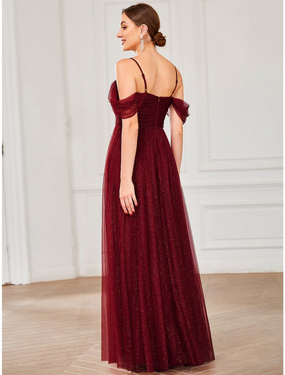 A-Line Bridesmaid Dress Spaghetti Strap / Off Shoulder Short Sleeve Elegant Floor Length Tulle with Draping / Ruching / Solid Color