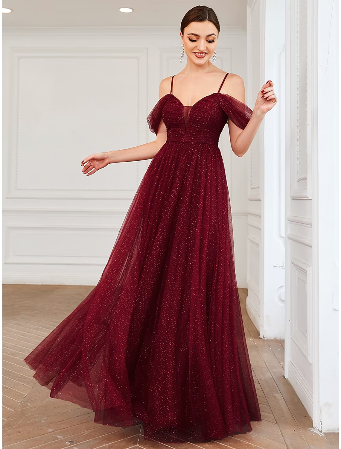 A-Line Bridesmaid Dress Spaghetti Strap / Off Shoulder Short Sleeve Elegant Floor Length Tulle with Draping / Ruching / Solid Color