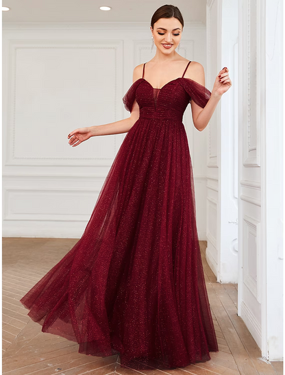 A-Line Bridesmaid Dress Spaghetti Strap / Off Shoulder Short Sleeve Elegant Floor Length Tulle with Draping / Ruching / Solid Color