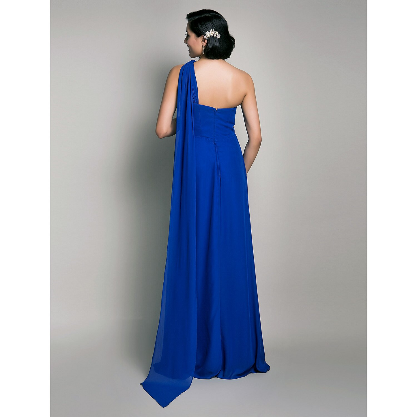 Sheath Column Bridesmaid Dress One Shoulder Sleeveless Maternity Watteau Train Floor Length Chiffon with Criss Cross Draping