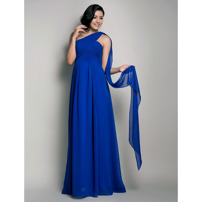 Sheath Column Bridesmaid Dress One Shoulder Sleeveless Maternity Watteau Train Floor Length Chiffon with Criss Cross Draping