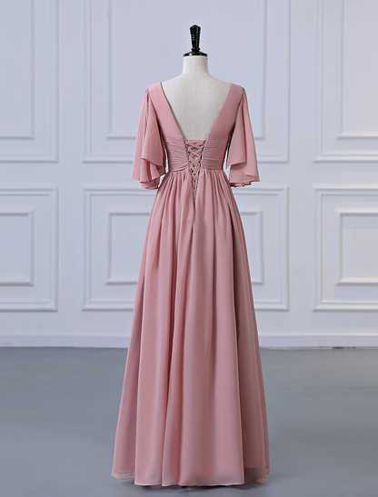 A-Line Bridesmaid Dress V Neck Half Sleeve Elegant Floor Length Chiffon with Pleats / RufflesA-Line Bridesmaid Dress V Neck Half Sleeve Elegant Floor Length Chiffon with Pleats / Ruffles