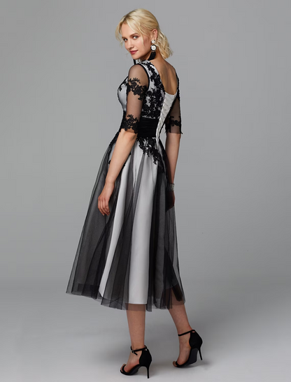 A-Line Vintage Dress Wedding Guest Tea Length Half Sleeve Jewel Neck Lace with Sash Ribbon Appliques