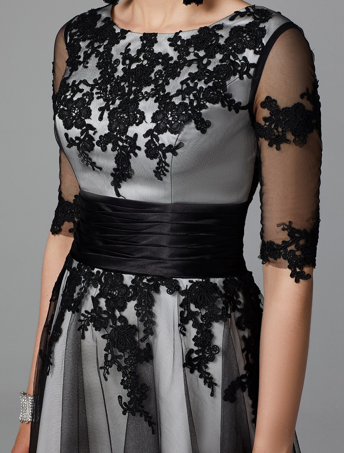 A-Line Vintage Dress Wedding Guest Tea Length Half Sleeve Jewel Neck Lace with Sash Ribbon Appliques
