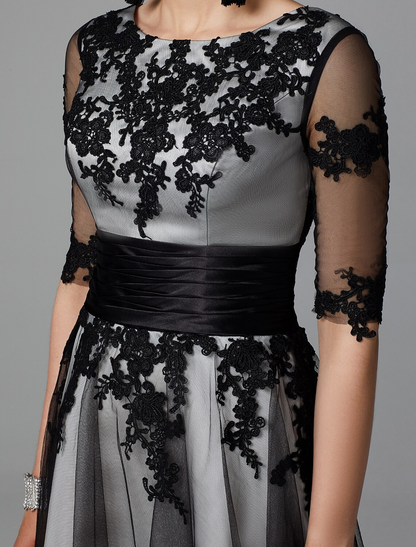 A-Line Vintage Dress Wedding Guest Tea Length Half Sleeve Jewel Neck Lace with Sash Ribbon Appliques