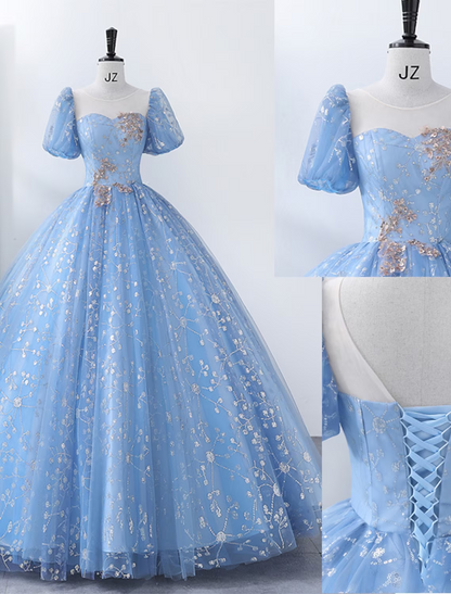 Ball Gown Quinceanera Dresses Princess Dress Performance Floor Length Short Sleeve Square Neck Polyester with Pearls Appliques