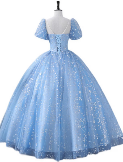 Ball Gown Quinceanera Dresses Princess Dress Performance Floor Length Short Sleeve Square Neck Polyester with Pearls Appliques