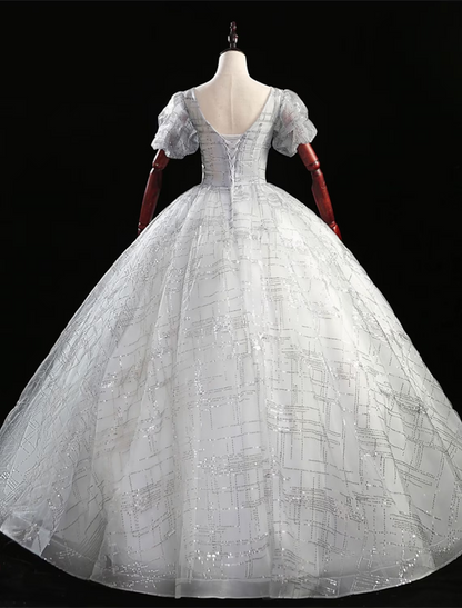 Ball Gown Quinceanera Dresses Princess Dress Performance Floor Length Short Sleeve V Neck Polyester with Beading