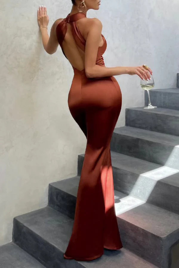 Elegant and formal solid color backless neck hanging horn fish tail Prom dress