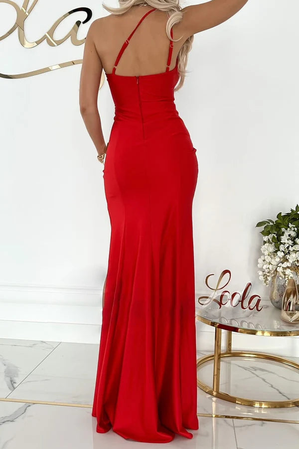 Elegant solid color slit slanted collar Prom dress