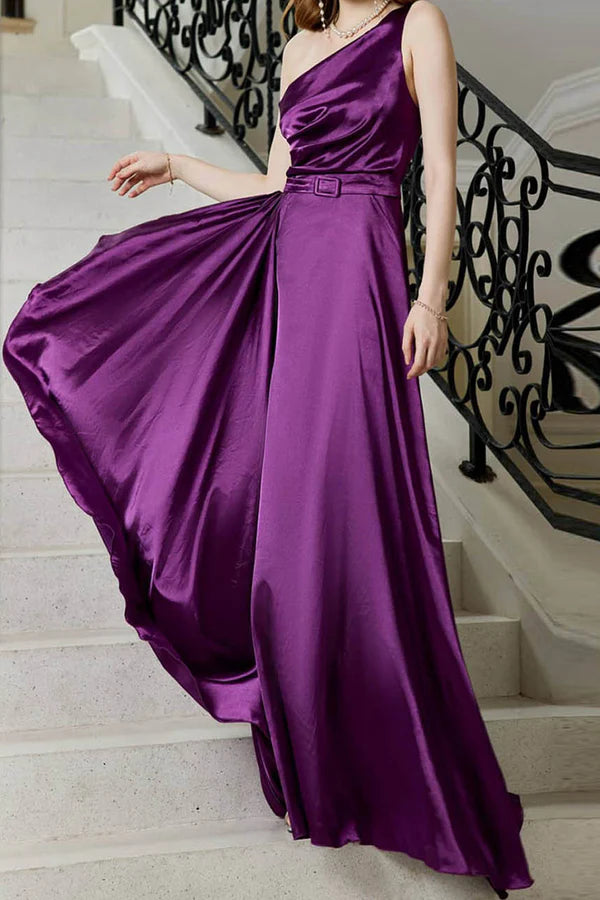 Elegant solid color slit slanted collar and floor length Prom dress