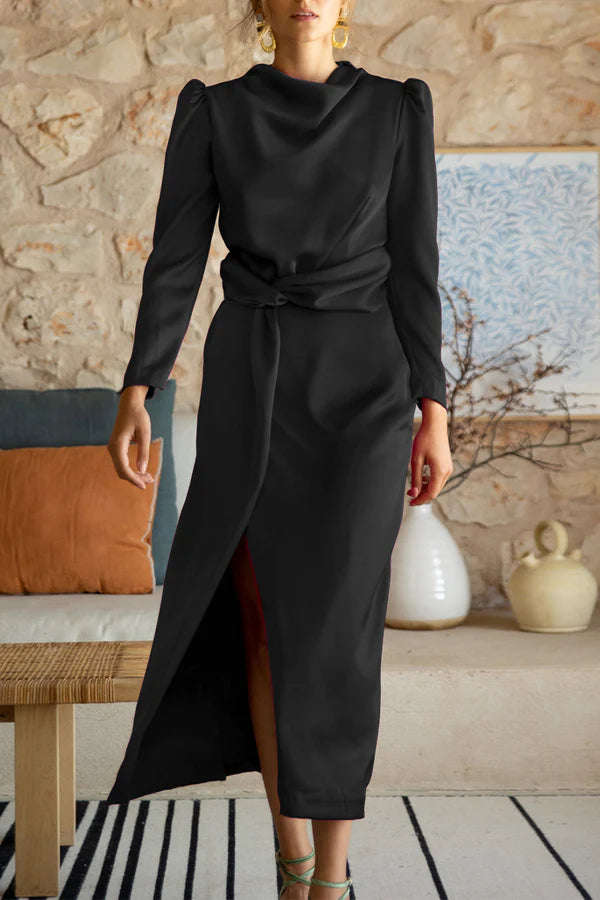 prom dress with scarf Elegant solid color slit scarf collar A-line Prom dress – LD Dress