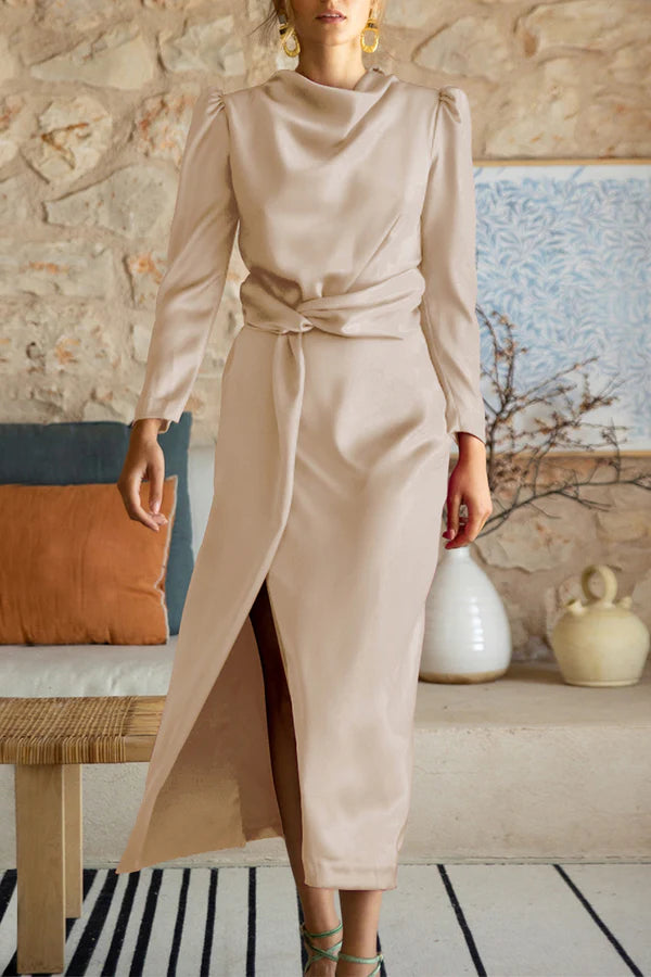 Elegant solid color slit scarf collar A-line Prom dress  LD Dress