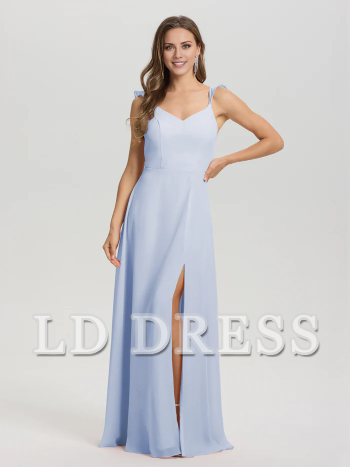 V-neck harness tie and chiffon slit bridesmaid dress