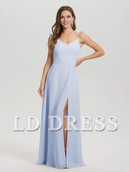 V-neck harness tie and chiffon slit bridesmaid dress