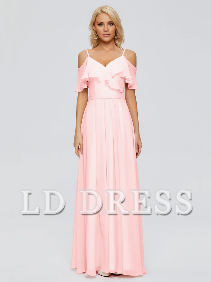 Off shoulder thin shoulder strap ruffled chiffon bridesmaid dress
