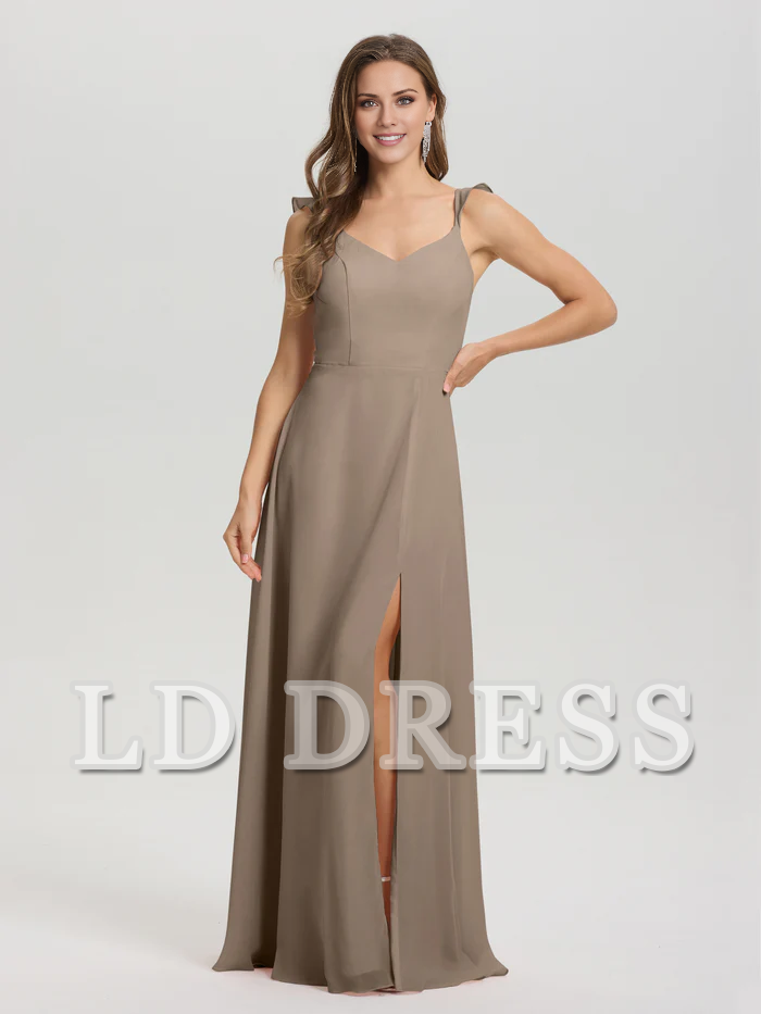 V-neck harness tie and chiffon slit bridesmaid dress