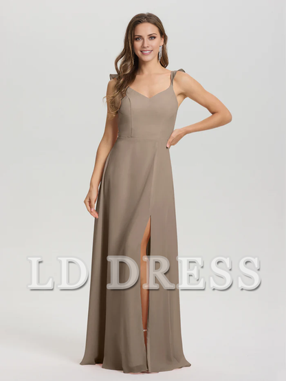 V-neck harness tie and chiffon slit bridesmaid dress