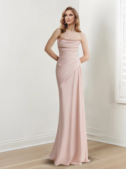 Tight/straight strapless sleeveless and floor length beaded evening dress