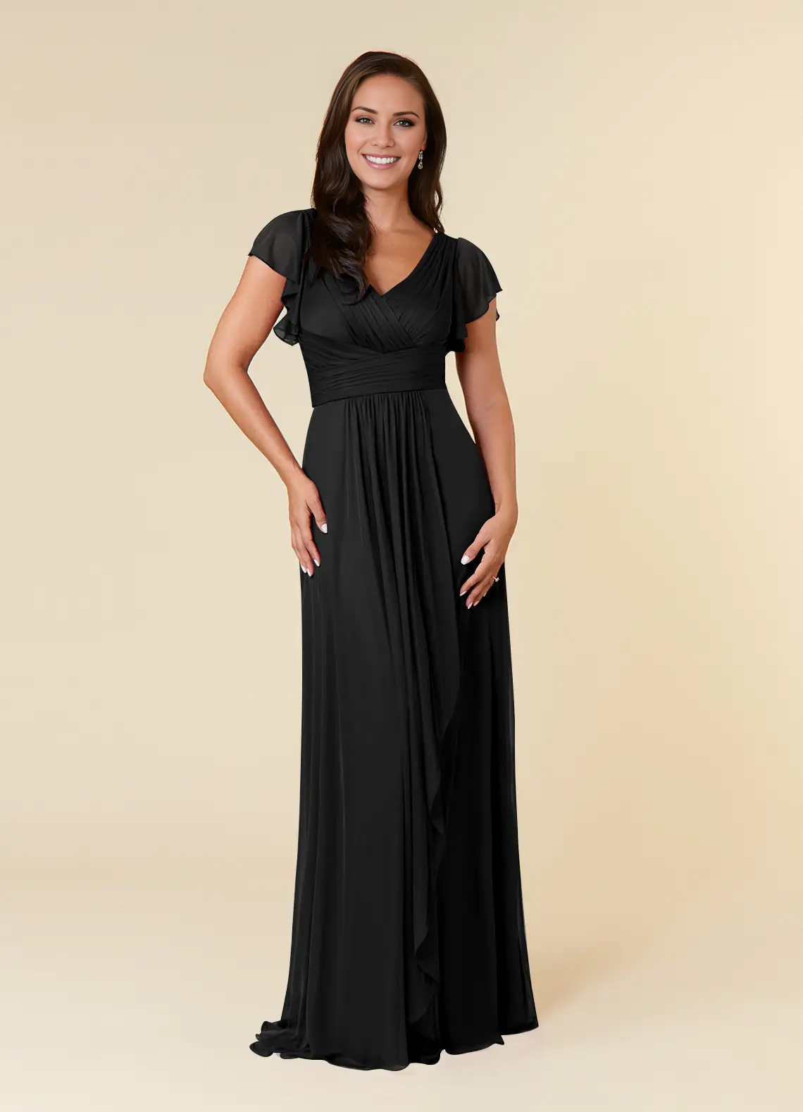 Black A-line evening gown pleated mesh mothers of the bride dresses