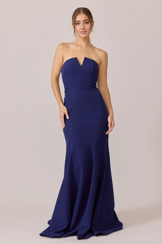 LD V collar off shoulder sleeveless strapless backless and floor length prom dress