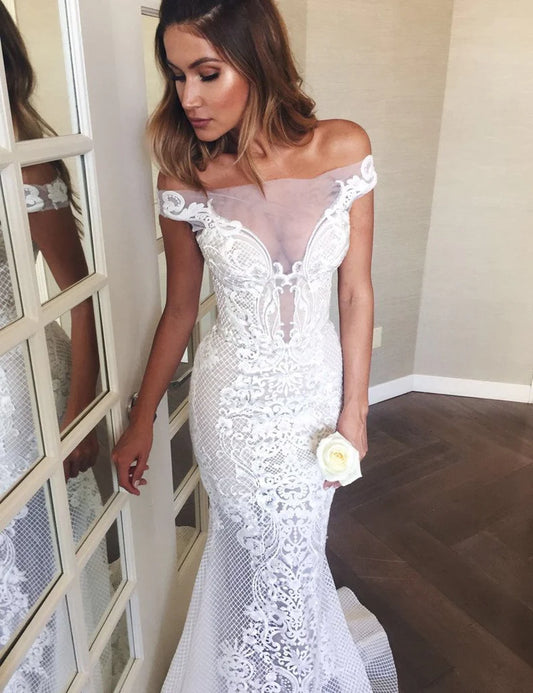 Mermaid Off-the-Shoulder Sweep Train Lace Wedding Dress Wedding Dresses