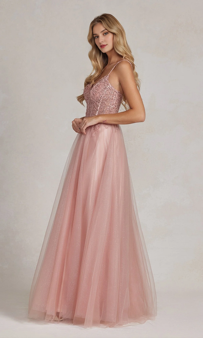Beaded body rose gold and floor length dress