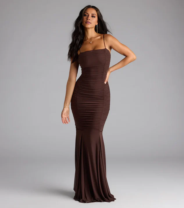 LD square neckline off shoulder sleeveless thin shoulder strap backless and floor length evening dress