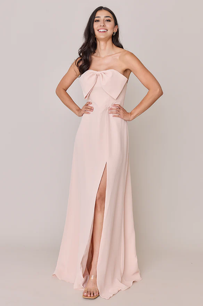 LD off shoulder collar sleeveless and strapless bow details backless side slit and floor length Prom dress