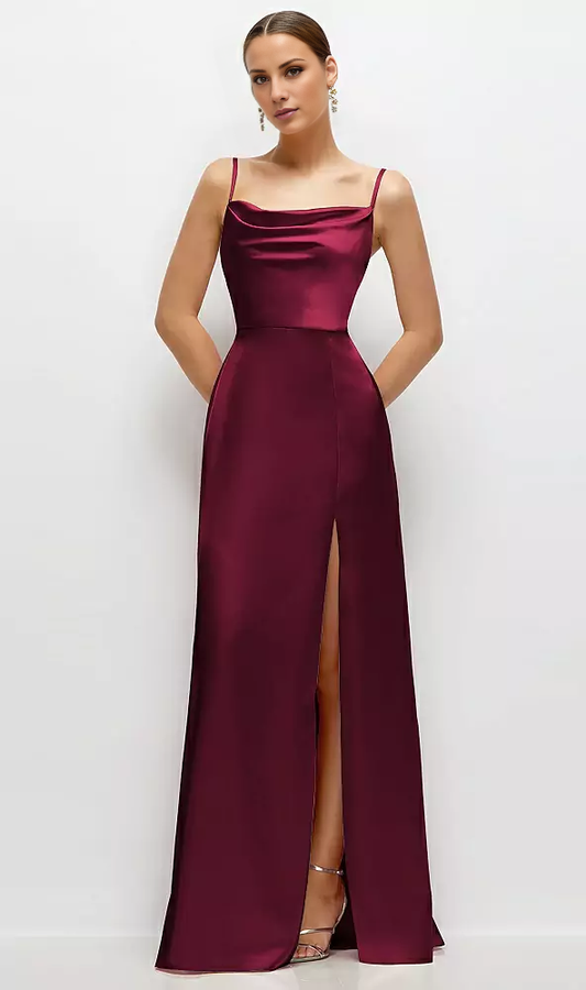 Thin shoulder strap high neck satin side slit and floor length bridesmaid dress - LD Dress