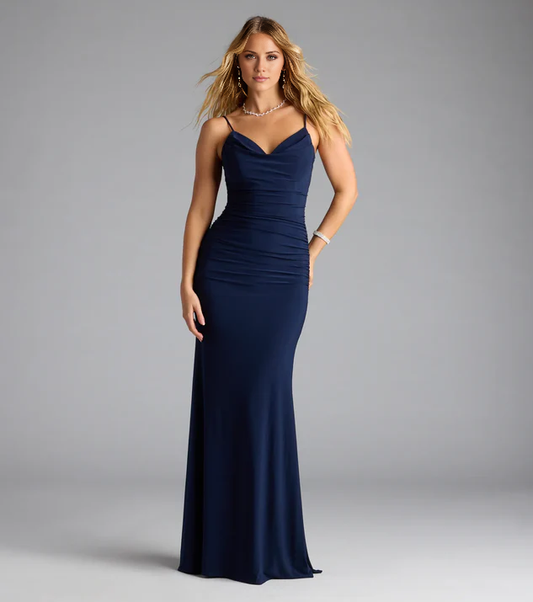 LD V-neck off shoulder sleeveless thin shoulder strap backless and floor length evening dress