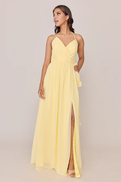 LD V collar hanging neck off shoulder thin shoulder strap open back side slit and floor length Prom dress