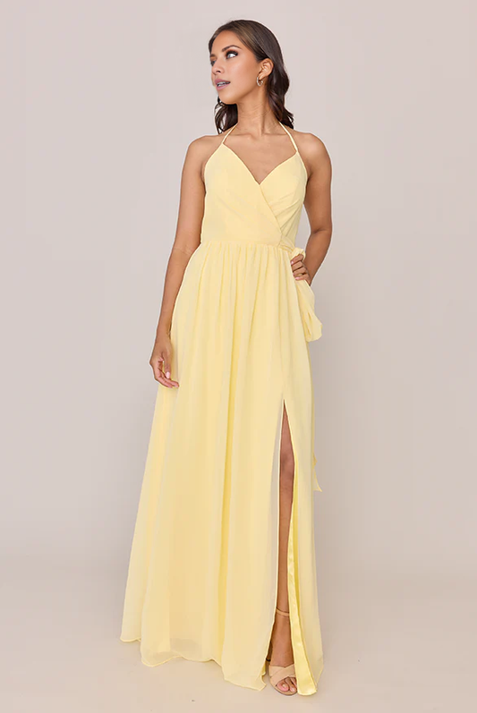LD V collar hanging neck off shoulder thin shoulder strap open back side slit and floor length Prom dress