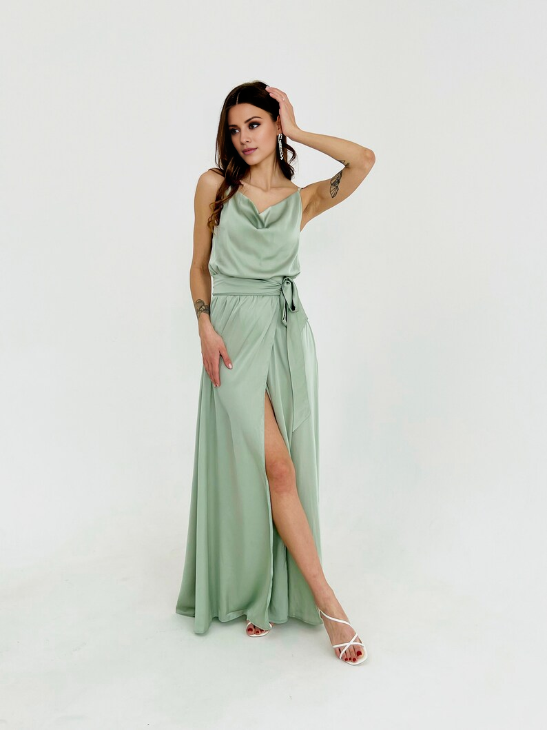 LD scarf collar off shoulder sleeveless thin shoulder strap open back side slit and floor length Prom dress
