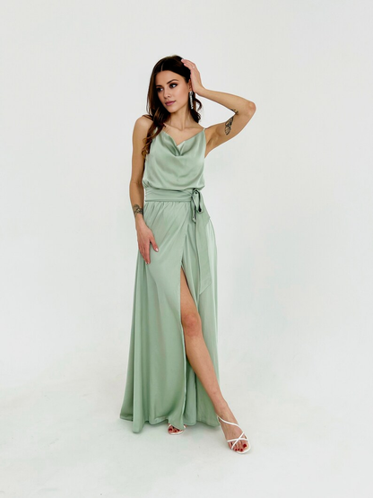 LD scarf collar off shoulder sleeveless thin shoulder strap open back side slit and floor length Prom dress