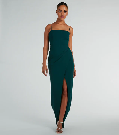 LD square neckline off shoulder sleeveless thin shoulder strap backless side slit and floor length Prom dress