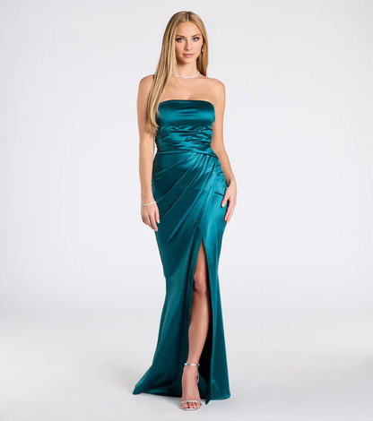 LD off shoulder collar sleeveless strapless backless side slit and floor length Prom dress