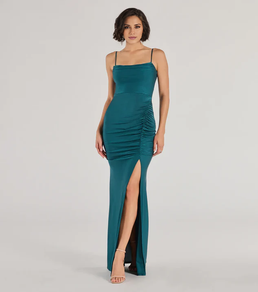 LD square neckline sleeveless thin shoulder strap backless side slit and floor length Prom dress