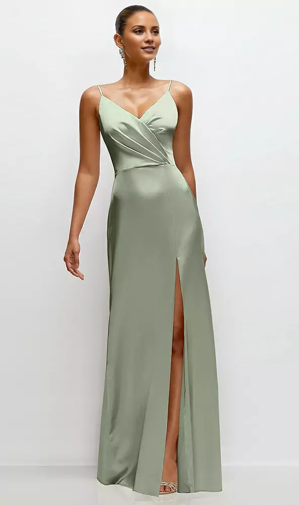 Thin shoulder strap pleated satin side slit and floor length bridesmaid dress - LD Dress