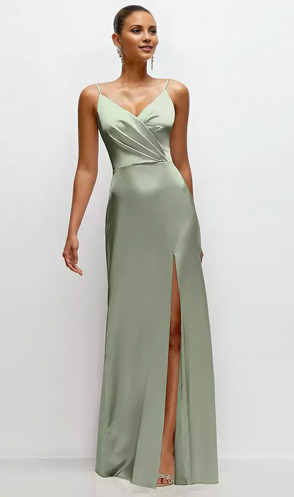 Thin shoulder strap pleated satin side slit and floor length bridesmaid dress - LD Dress