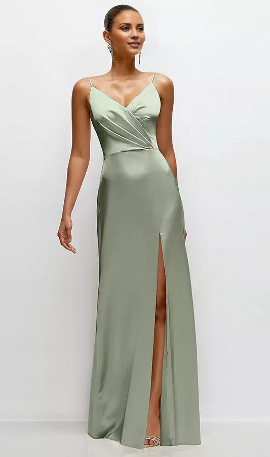 Thin shoulder strap pleated satin side slit and floor length bridesmaid dress - LD Dress
