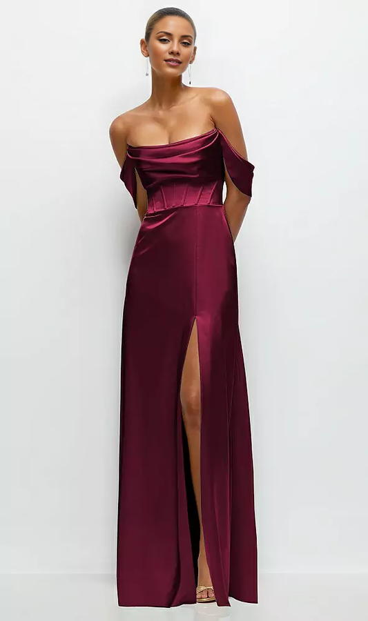 A-line satin off shoulder strapless and floor length bridesmaid dress - LD Dress
