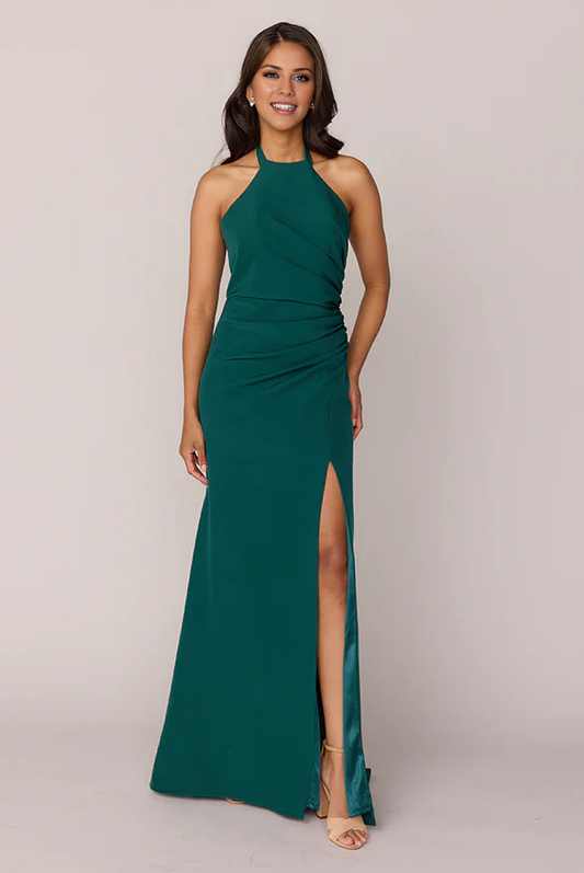 LD hanging neck collar sleeveless backless side slit and floor length Prom dress