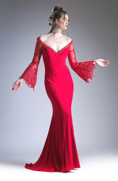 Lace flared sleeves off shoulder flared long mother of the bride dress