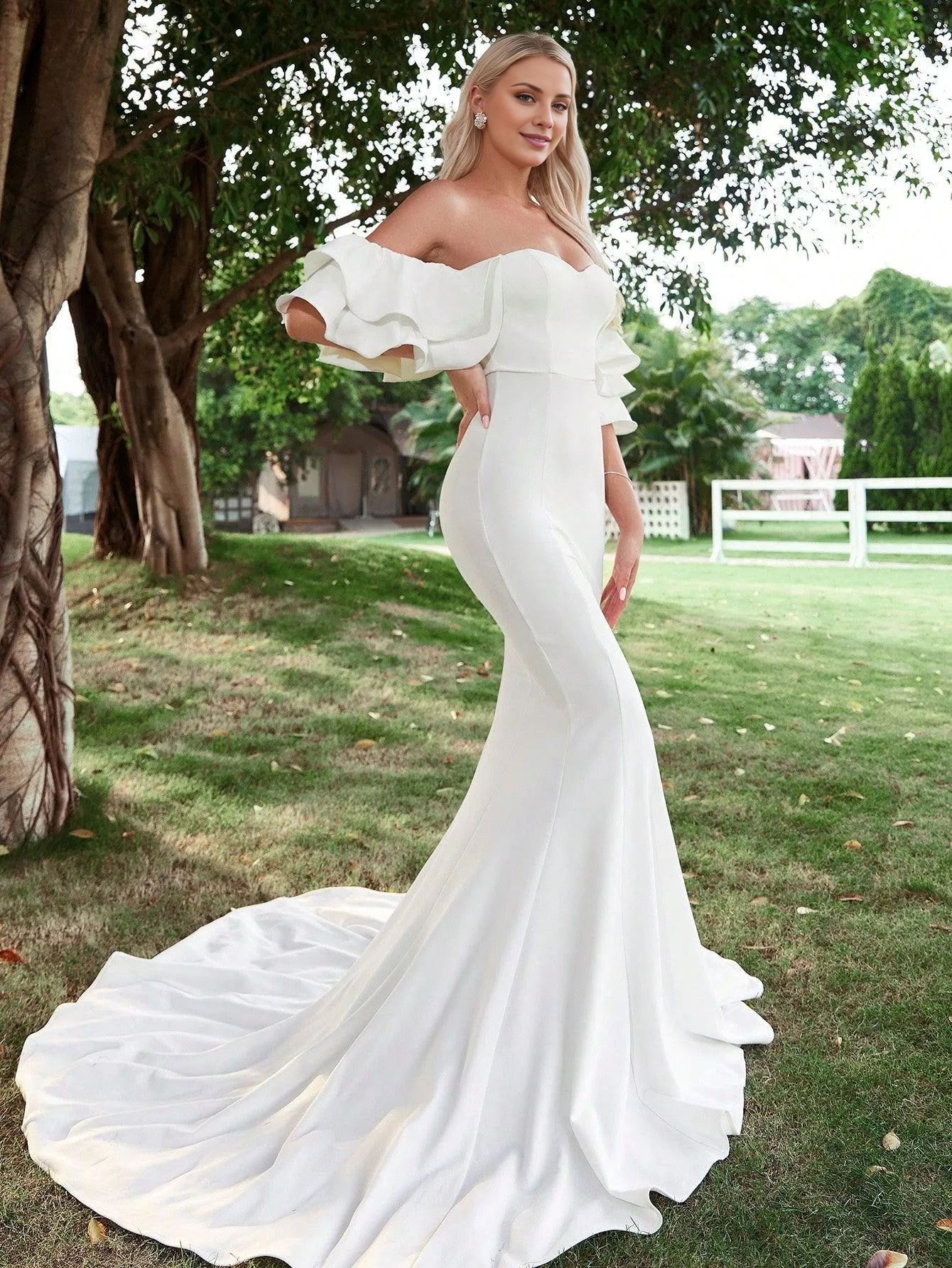 Off shoulder ruffle edge and floor length wedding dress